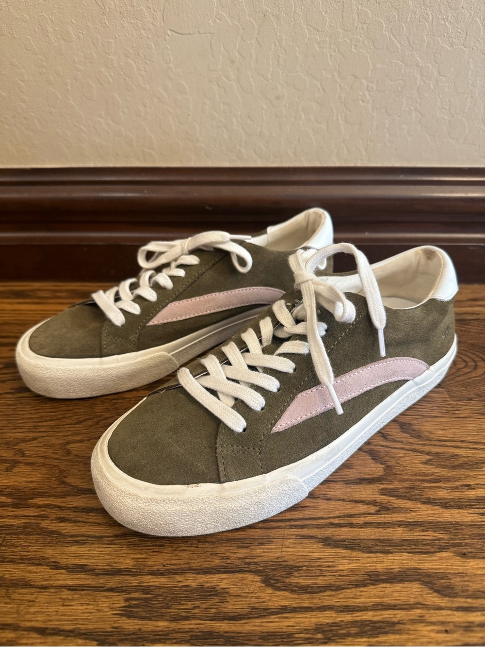 Madewell Olive Green Suede Sneakers with Pink Accent